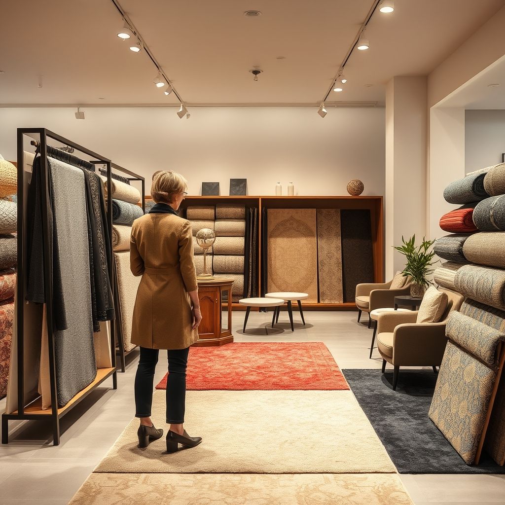 Dans un espace lumineux, une personne examine un tapis élégant dans une boutique moderne avec un décor épuré, mettant en valeur la texture et les motifs raffinés du tapis. L'atmosphère chaleureuse invite à la découverte de produits haut de gamme, soulignant le soin apporté à chaque détail pour embellir votre intérieur.