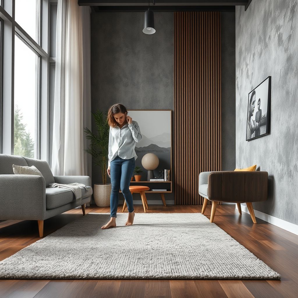 Une personne inspecte minutieusement un tapis texturé dans un intérieur moderne, illustrant le soin apporté au choix des matériaux et du design.