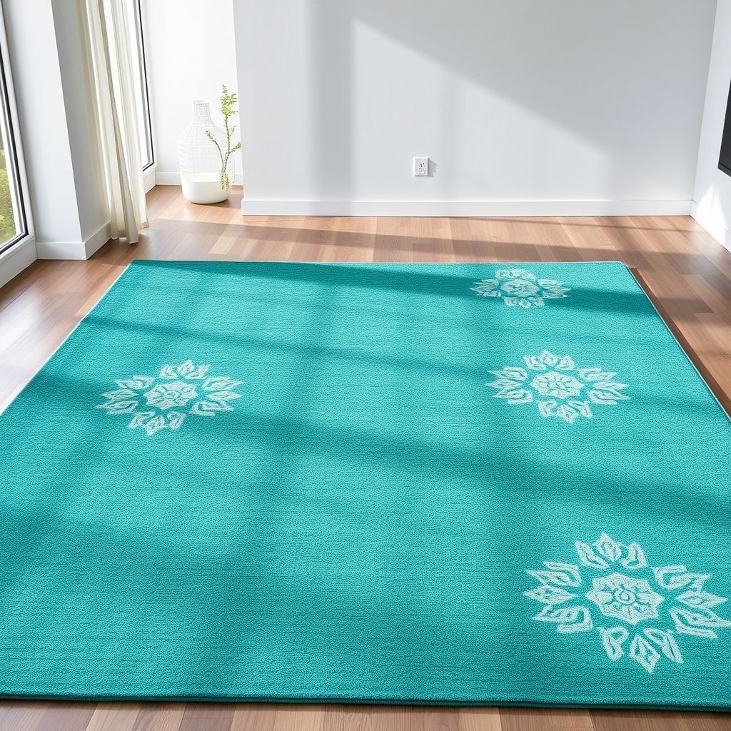 Gros plan sur un tapis turquoise texturé avec des motifs élégants dans un intérieur moderne et lumineux, illustrant la qualité et la beauté de nos collections écologiques.