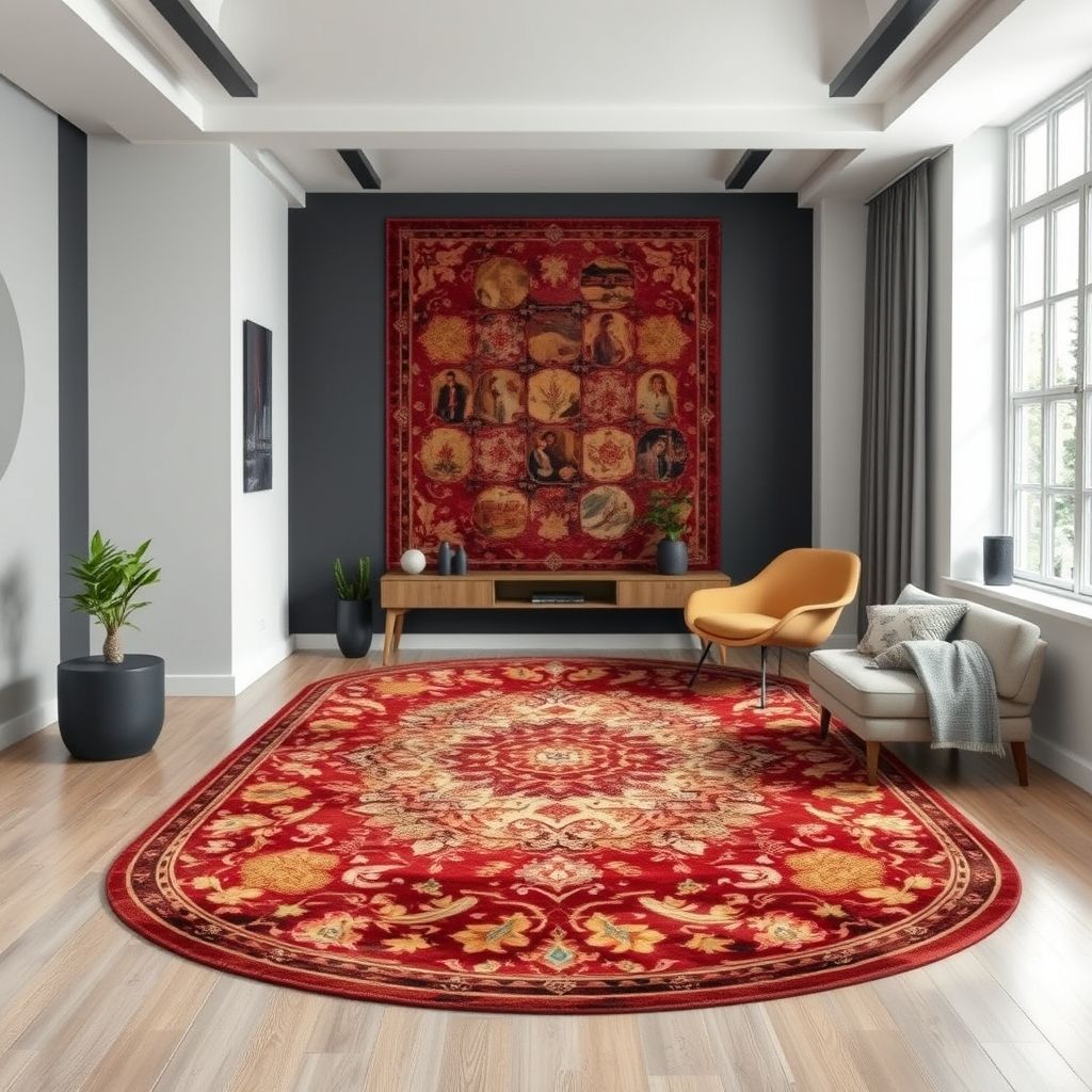 Un tapis vintage richement décoré exposé dans un décor moderne, symbole de la qualité et du soin d'Awsomeklose.