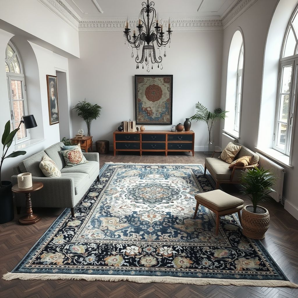 Un tapis vintage richement décoré exposé dans un environnement contemporain, symbole du style et de l'élégance.