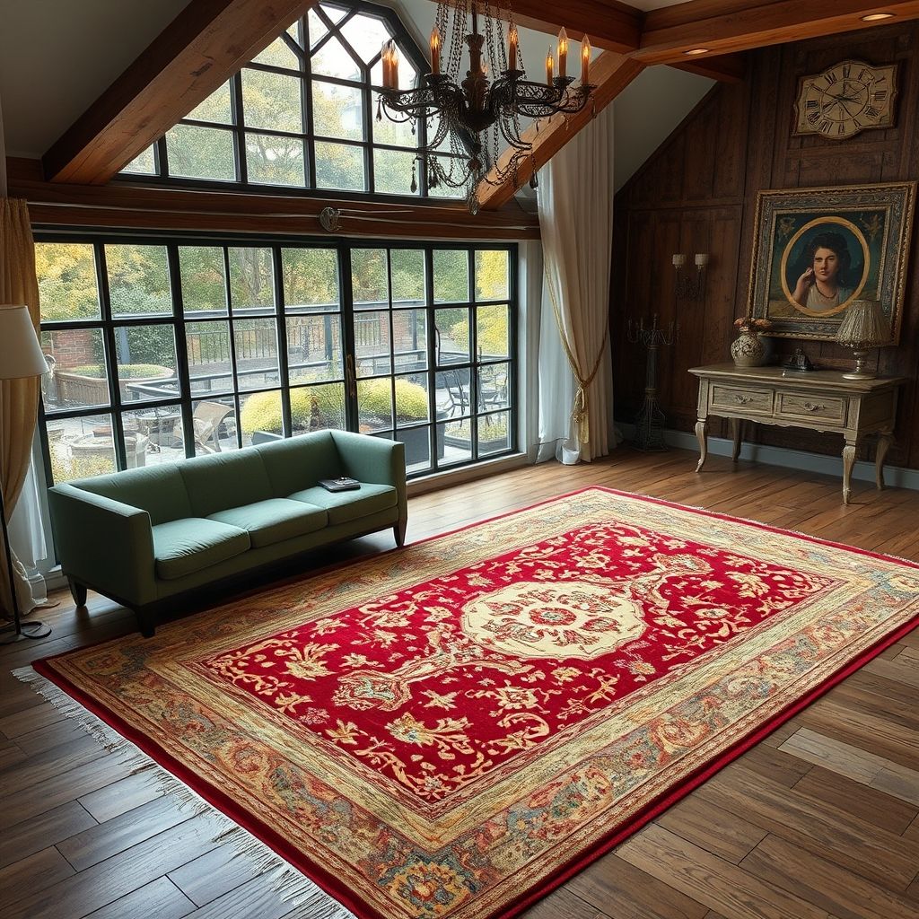 Un tapis vintage richement décoré est présenté avec soin, mettant en valeur ses motifs raffinés et la qualité de ses fibres.